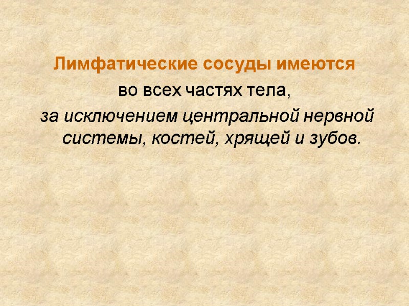 Лимфатические сосуды имеются  во всех частях тела,  за исключением центральной нервной системы,